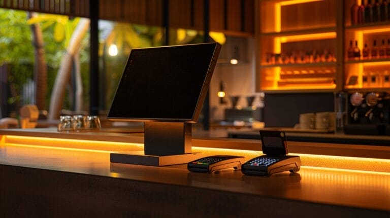 Modernes Kassensystem mit Touchscreen und zwei Kartenterminals im Restaurant auf einem Tresen