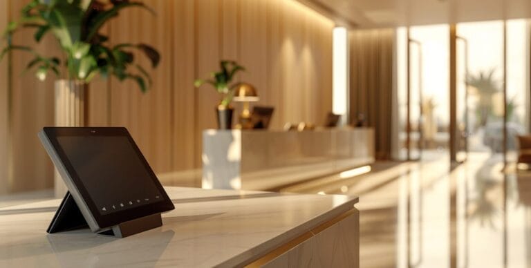 Modernes Tablet-Kassensystem in einer Hotel-Lobby auf dem Empfangstresen