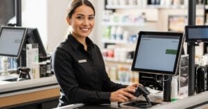 Verkäuferin steht an einer modernen Kasse im Supermarkt.